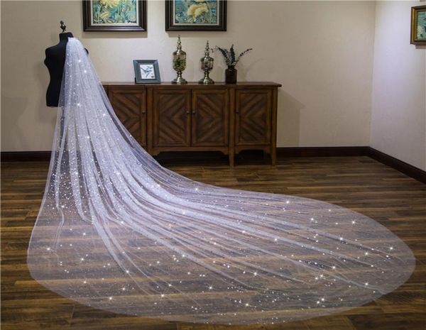 

4 meters cathedral veil for wedding dress sparkling satrs bridal gown white ivory soft tulle white ivory tulle one layer with comb4313974, Black