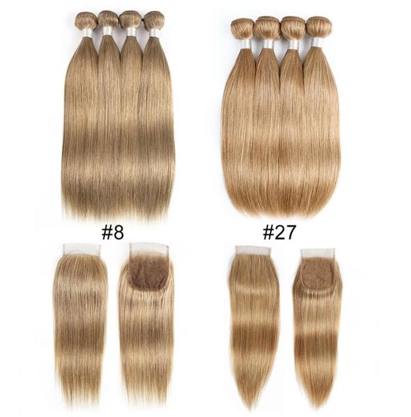 

ash blonde color 8 27 malaysian indian straight human hair bundles with closure 4 bundles with 4x4 lace closure remy human hair 3377428, Black;brown