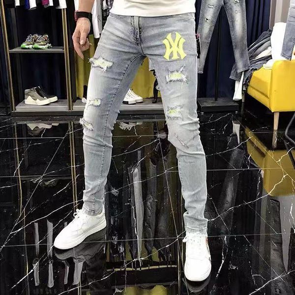 

men's torn jeans summer thin badge embroidered slim fitting stretch versatile small leg long pants streetwear homme clothing, Blue