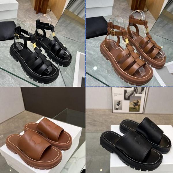 

classics woman leather slipper logo sandal chunky soles buckle ankle-strap slides platform mule lady summer beach high-quality designer slip, Black