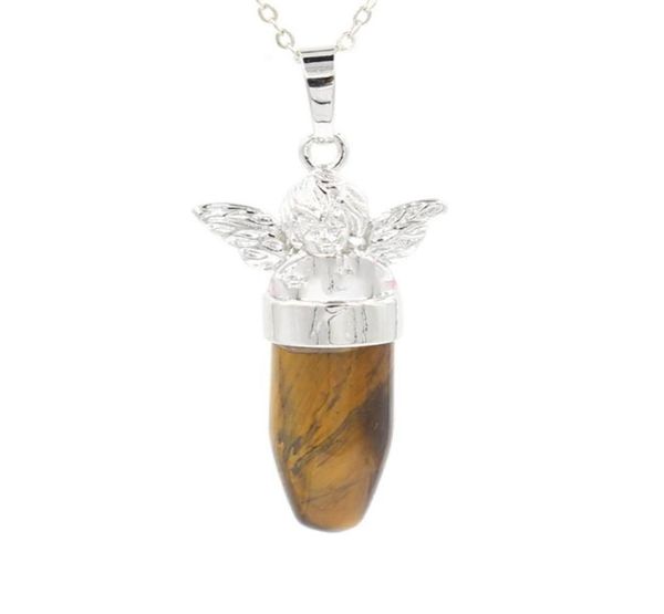 

natural crystal gemstone angel bullet stone pendant necklace for women and girls fashion jewelry with two chains4875604, Silver