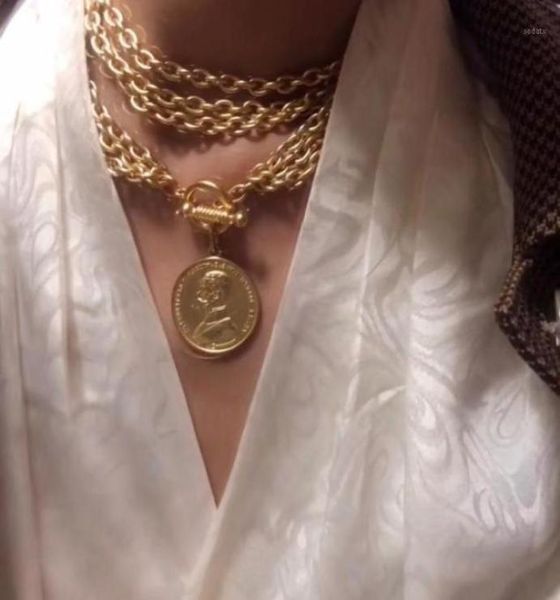 

2021 rongho vintage metal human head choker necklaces for women chunky chains coin pendant necklace punk jewelry15487644, Golden;silver