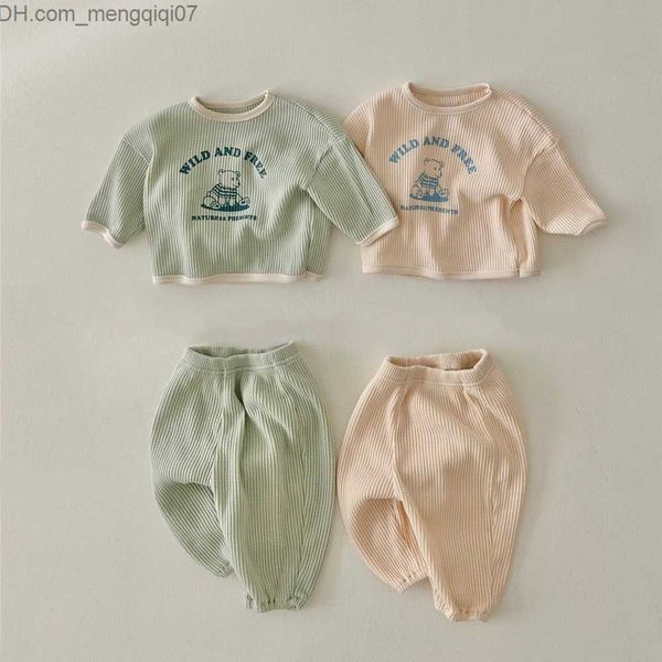 

clothing sets spring and autumn children's clothing set boys and girls baby waffle cartoon long sleeve solid color pants 2 piece childr, White