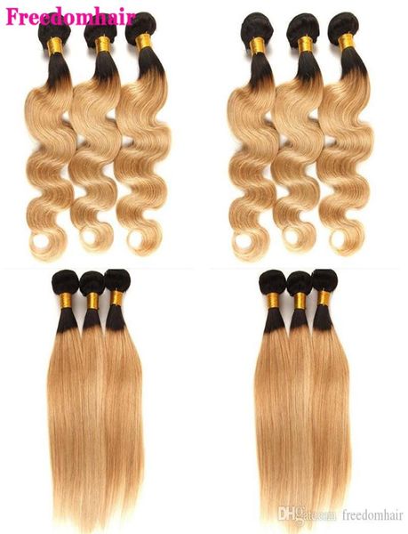 

t1b27 ombre brazilian body wave straight hair 34 bundles deals blonde ombre peruvian human hair extensions remy human hair weave7902743, Black