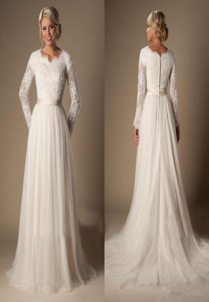 

2019 modest aline lace tulle temple wedding dresses long sleeves vneck sheer sleeves trains buttons back bridal gown plus size a2095201, White