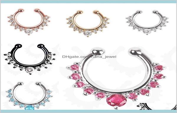 

studs body 50pcs rhinestone crystal septum clicker rings non piercing hanger clip on jewelry fake nose hoop piercings 6 colors dro5949851, Silver
