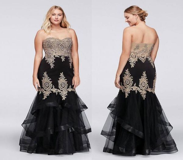 

charming black plus size mermaid prom dresses lace appliques sweetheart neck beaded evening gowns floor length tiered formal7631167
