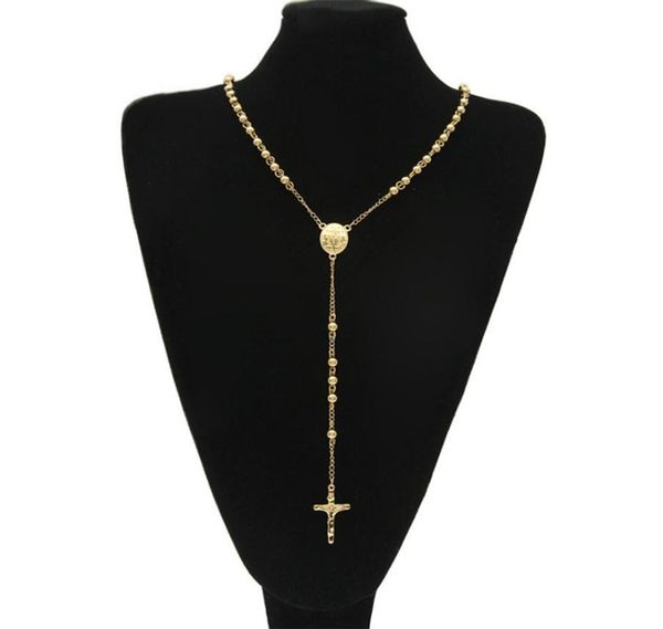 

gold stainless steel bead chain jesus christ cross pendant rosary long necklace mens womens hip hop jewelry250i9947697, Silver