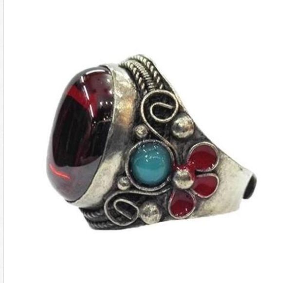 

rare miao silver old inlay zircon cloisonne enamel red flower noble ring2700619