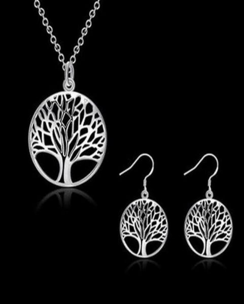 

s fashion women hollowing tree life disk pendant necklace and earrings jewelry set plated golden silvery4043543, Silver
