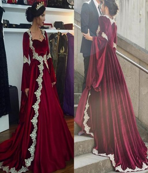 

arabic long burgundy velvet formal evening gowns lace appliques trumpet long sleeves caftan dubai prom party dress1603416, Black;red