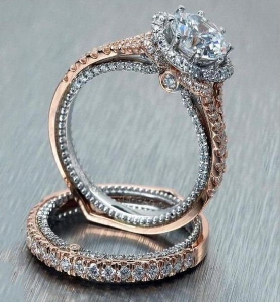 

vintage fashion jewelry 925 sterling silverrose gold fill round cut white z cz diamond couple rings eternity women wedding br18797562, Slivery;golden