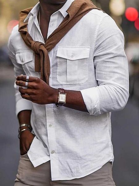 

men's shirt summer shirt beach shirt black white blue long sleeve plain lapel spring summer hawaiian holiday clothing apparel pocket, White;black