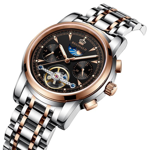 

men's watch automatic mechanical designer stainless steel 43mm skeleton sapphire wristwatch business waterproof, Slivery;black