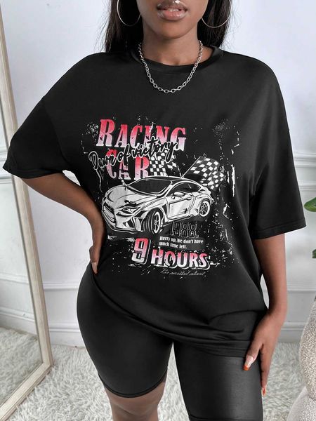 

women's fashion t-shirt slayr car letter graphic shoulder, White