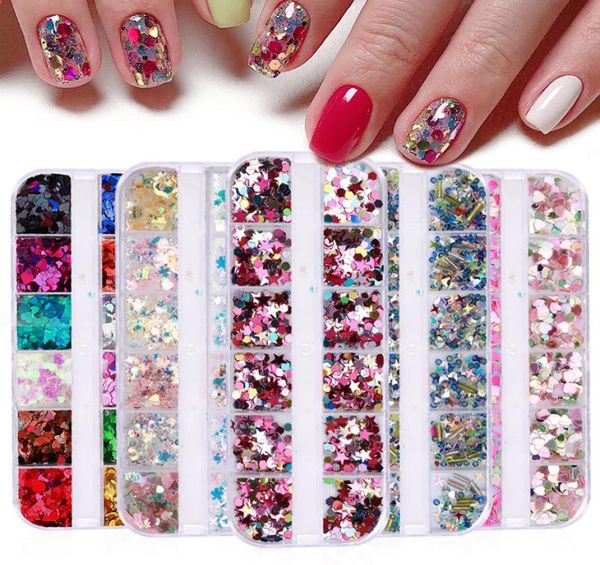

12 gridsbox laser decals heart star spangles ultrathin nail sequins flakes rhinestones jewelry accessories paillettes for diy de3820583, Black