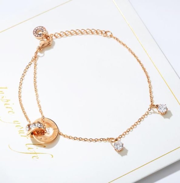 

di350 simple double layer diamond bracelet titanium steel plated rose gold round ring interlocking circle slender ochain jewelry9847414, Golden;silver