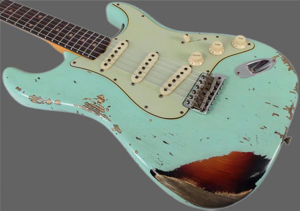 

new custom shop 62 heavy aged relic strats seafoam green st electric guitar, surf green alder body vintage hardware handmade china guitar