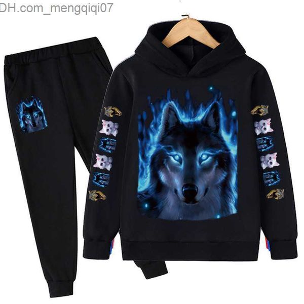 

clothing sets autumn boys' clothing set printed wolf hoodie cotton sports pants casual children's set 4-14 year street clothing se, White