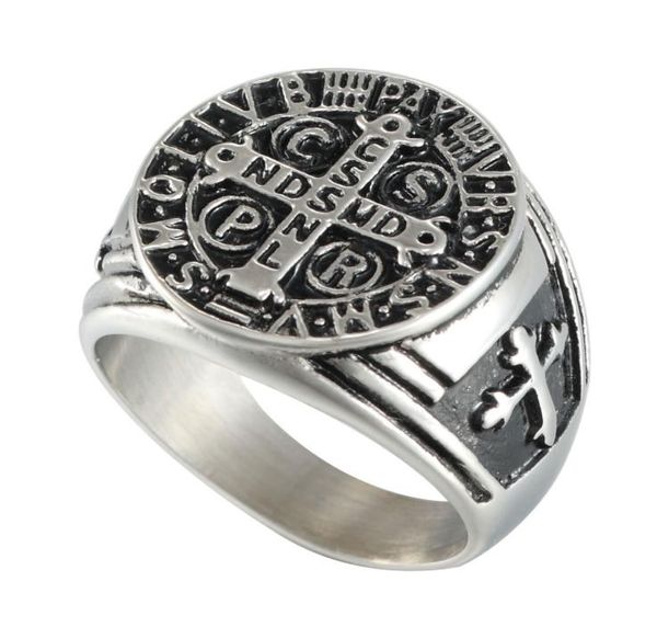 

stainless steel catholic st benedict exorcism signet religious ring demon protection ghost hunter cross band5305291, Golden;silver