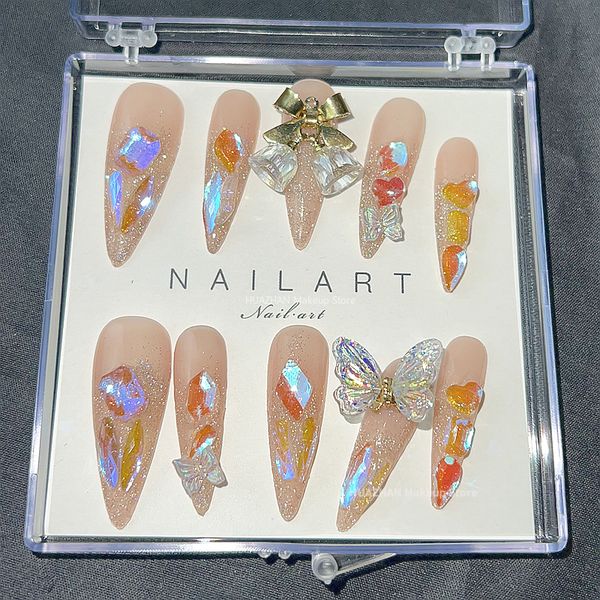 

false nails glitter tinkle bell butterfly press on nails handmade bling christmas false nails long stiletto fake nail with glue 230715, Red;gold