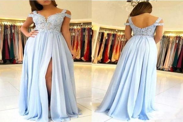 

2019 sky blue a line prom dresses lace applique cap sleeves backless side split floor length chiffon plus size pageant party eveni9620529, Black