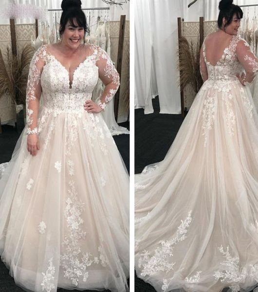 

2021 vintage lace a line wedding dresses long sleeves plus size bridal gowns v neck sweep train light champagne outdoor wedding we4670282, White