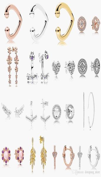 

925 sterling silver stud brand new sparkling double hoop earrings high jewelry rose gold ear studs charm beads dust bag gifts fit 2814946, Golden;silver