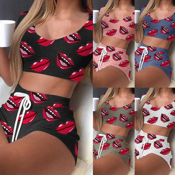 

women's sleep lounge 2022 summer short casual lip print pajamas drawstring biker shorts with two athleisure ladies pajamas