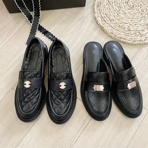

lambskin dress shoes quilted loafers 100% real leather women sandal vintage black interlocking c mules flat shoes gold buckle channel design
