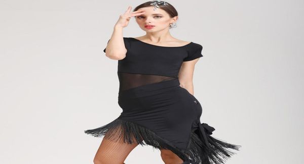 

adultgirls latin dance dress salsa tango chacha ballroom competition practice dance dress black round neck short sleeve tass1180658, Black;red