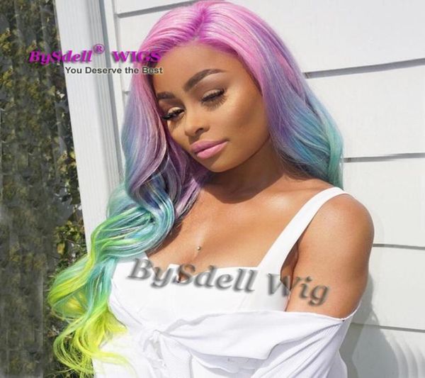 

american black woman celebrity black chyna ombre harajuku rainbow color wig long wavy heat resistant wigs for black women9600664