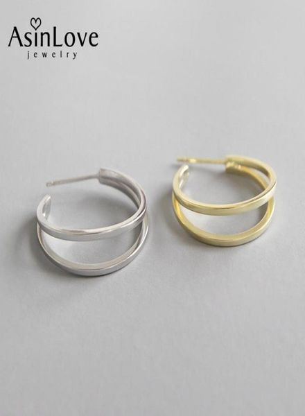 

asinlove 100 925 sterling silver double layers line circle earrings for women big loop hoop earring ladies trendy fine jewelry 7207243, Golden;silver
