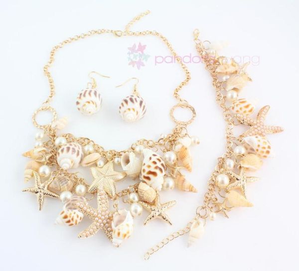 

2015 new design fashion golden chain multielement pearl beads shell conch starfish necklace set14120978, Black