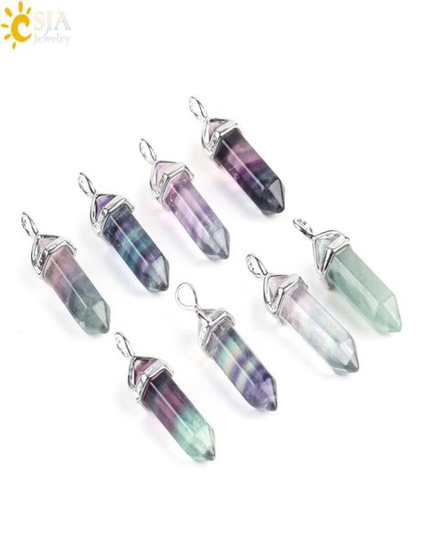 

csja fluorite necklace pendant natural gemstone bullet hexagonal point pendulum column reiki healing chakra jewelry for men wo4629129, Silver