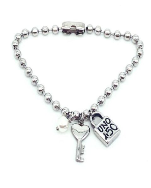 

fashion women men silver color stainless steel 4mm bead lock key uno de50 ball bead bracelet necklace jewelry a gift 2104211010718, Golden;silver