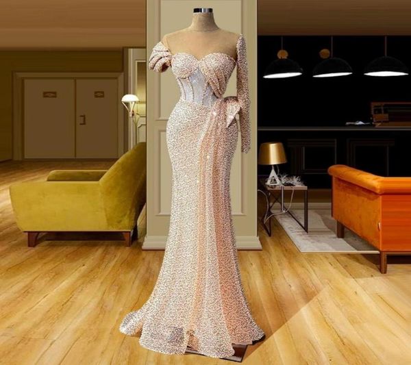 

sparkly sequined pink mermaid evening dresses long sleeve beads ruffles lace prom dress saudi arabia robe de soiree custom made5195818, Black;red