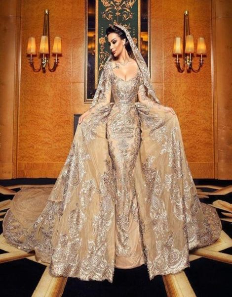 

luxury gold mermaid lace wedding dresses with detachable train v neck appliqued beaded bridal gowns long sleeves organza robes de 6813341, White
