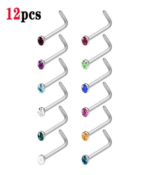 

crystal nose stud nariz piercing set l shape nose ring stainless steel 2mm gem nostril screw for women men body jewelry4337866, Silver