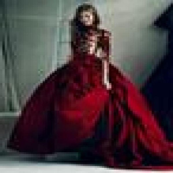 

dark red appliqued prom dresses ball gown high neck sheer long sleeves evening gowns sweep train satin formal dress5503148, Black