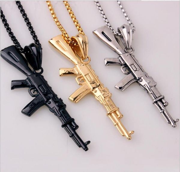 

2018 new fashion cool ak47 assault rifle pendant necklace european hip hop jewelry stainless steelgoldblack gun plated chain for9007030, Silver