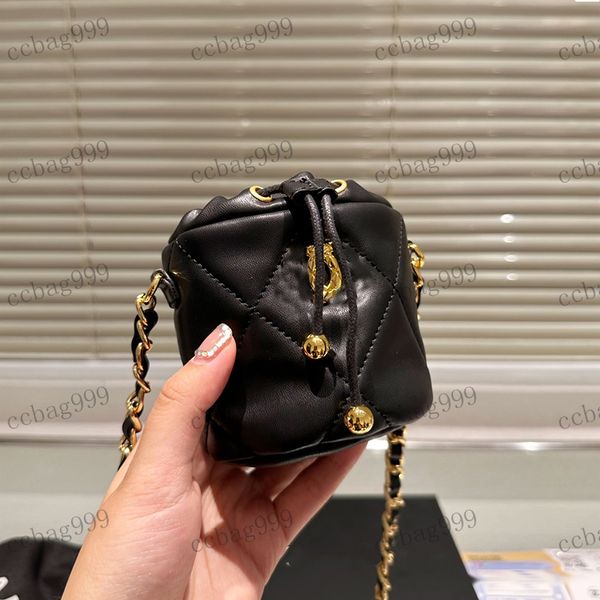 

stylish womens mini bucket bag leather hardware metal buckle small gold ball matelasse chain tote crossbody bag draw makeup bags coin purse