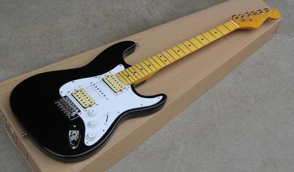 

factory custom black electric guitar with chrome hardwareyellow maple fretboardhsh pickupswhite pickguardcan be customized1252991