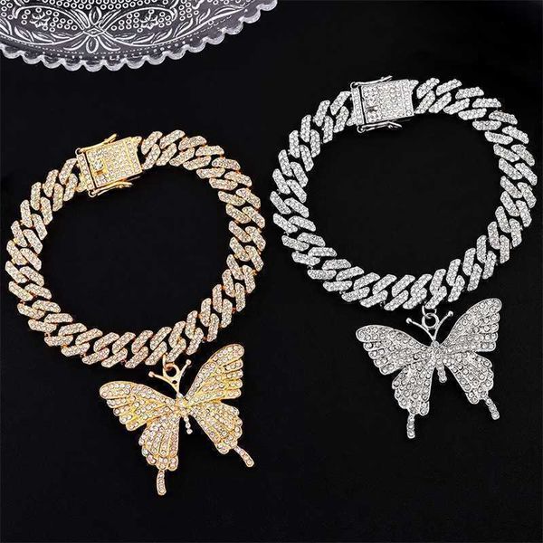 

anklets new fashion bling crystal butterfly cuban chain anklet for women iced out rhinestone link bracelet hip hop jewelry 230607, Red;blue