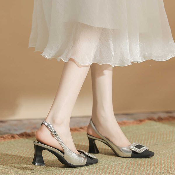 

sandals colored half back hollow high heel women's shoes metal gold silver fabric summer shallow mouth single for outwear 230626, Black