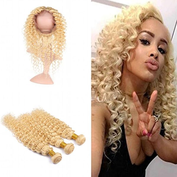 

blonde 613 deep curly human hair wefts with 360 closure pre plucked 360 frontal with virgin deep wave hair 3 bundles extension1763590, Black;brown
