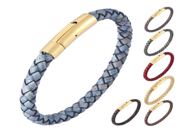 

handmade braid couple leather cuff bracelet gold stainless steel button buckle bracelets2532852, White