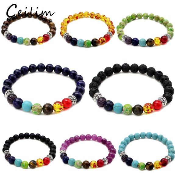 

2018 new 7 chakra black lava men bracelets healing balance beads bracelet for women reiki prayer natural stone fashion yoga stretc7150823