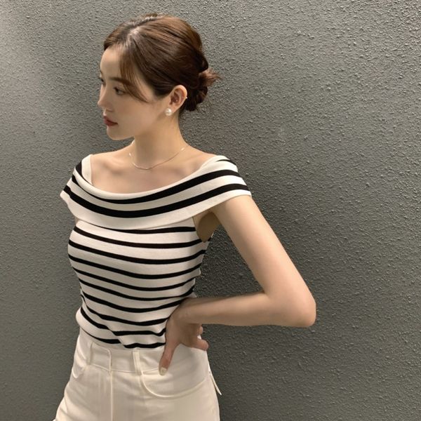 

women's t-shirt women's ultra-thin one shoulder black and white striped t-shirt graphic tee wild crop simple y2k elegant 230717