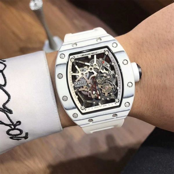

movement watches richardmille lithe wristwatch wine bucket watch rm035 series 2824 automatic mechanical white carbon fiber white tape for me, Slivery;golden